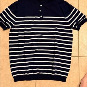 Navy and White Striped Men's Knit Polo Shirt